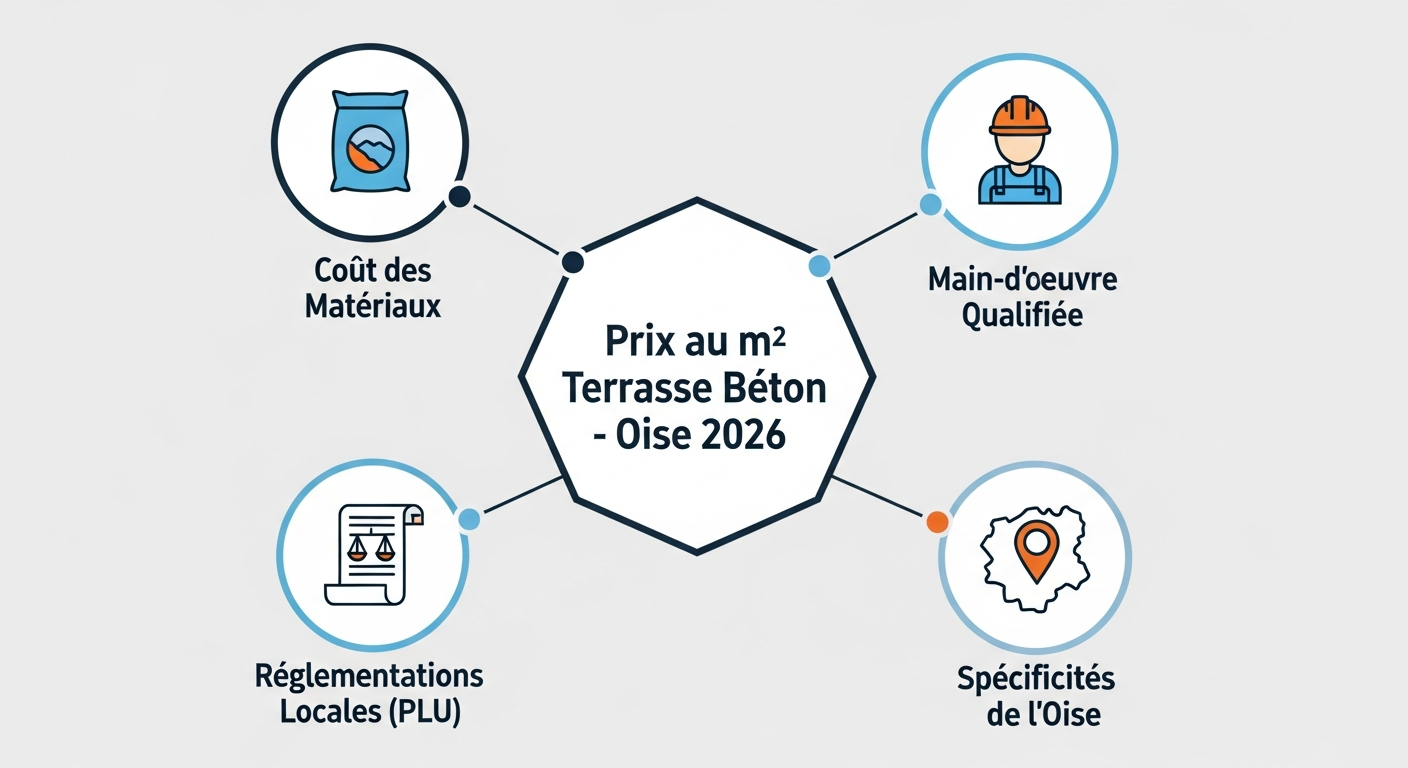 Diagramme montrant les 4 facteurs clés qui influencent le prix d'une terrasse en béton dans l'Oise en 2026 : le coût des matériaux, la disponibilité de la main-d'œuvre, les réglementations locales comme le PLU, et les spécificités économiques du département.