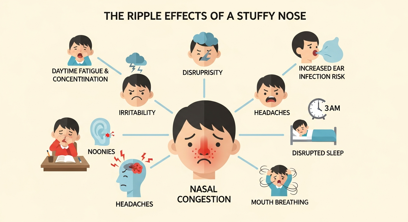 Infographic showing the negative impacts of nasal congestion in children. A central image of a child with a stuffy nose is connected to icons representing poor sleep, fatigue, irritability, headaches, ear infections, and mouth breathing.