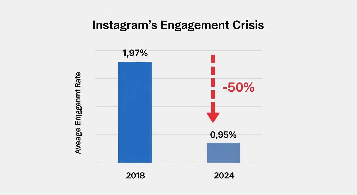 A bar chart illustrating the decline in Instagram engagement rates for large accounts from 2018 to 2024. The 2018 bar shows an engagement rate of 1.97%, while the 2024 bar shows a rate of 0.95%, marking a 50% decrease.