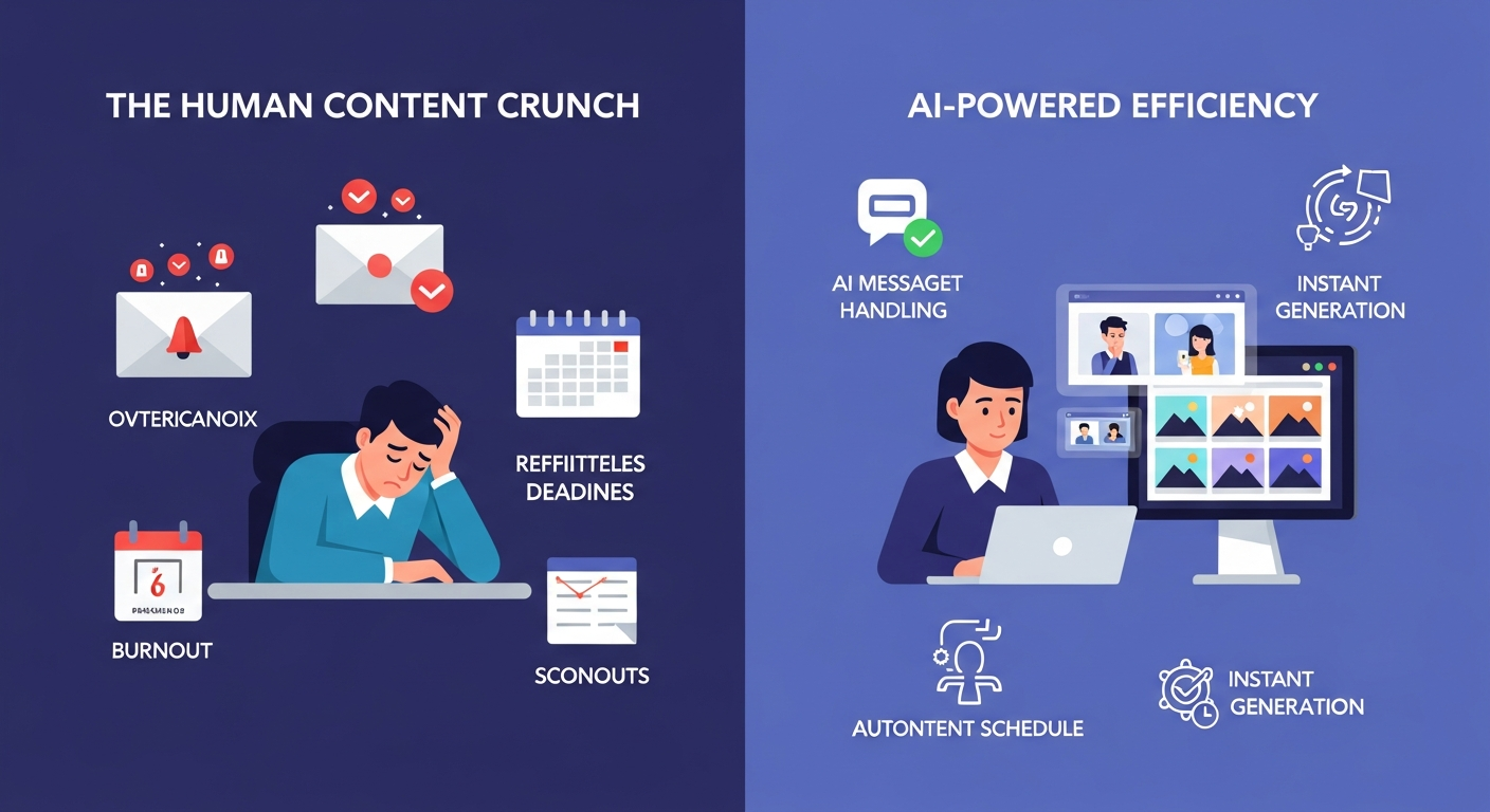 An infographic comparing the challenges of a human creator with the solutions provided by AI. The left side shows a stressed creator facing burnout and high content demand. The right side shows a calm creator using AI tools for efficient content generation and fan engagement.