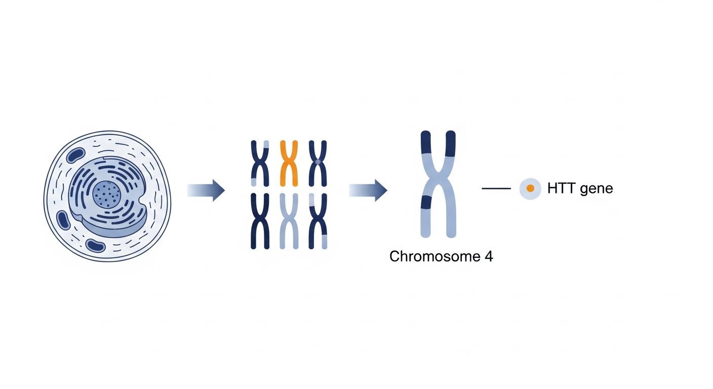 A diagram illustrating the genetic origin of Huntington's disease. It shows a human cell, which leads to a set of chromosomes. Chromosome 4 is highlighted and enlarged, showing the specific location of the HTT gene on its short arm.
