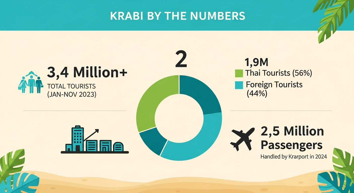 Infographic titled 'Krabi by the Numbers'. It shows that Krabi had over 3.4 million tourists from January to November 2023. A donut chart breaks this down into 1.9 million Thai tourists (56%) and 1.5 million foreign tourists (44%). It also states that Krabi Airport handled 2.5 million passengers in 2024.