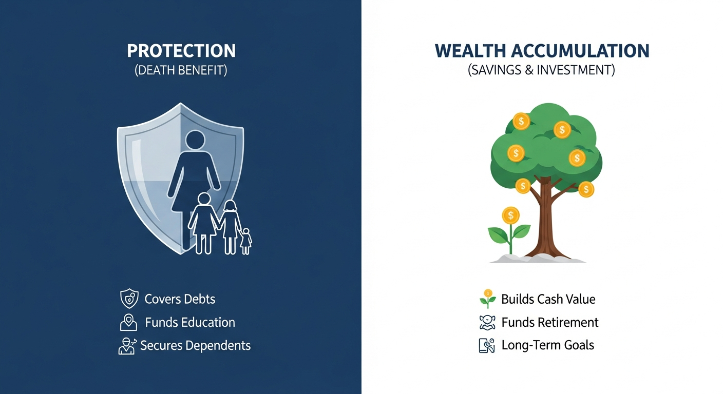 An illustration showing the two functions of life insurance. The 'Protection' side shows a shield over a family, and the 'Wealth Accumulation' side shows a plant growing into a tree with coins.