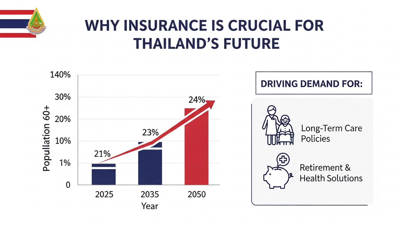 A bar chart showing the rising percentage of Thailand's elderly population from 2025 to 2050, which drives demand for long-term care and retirement insurance.