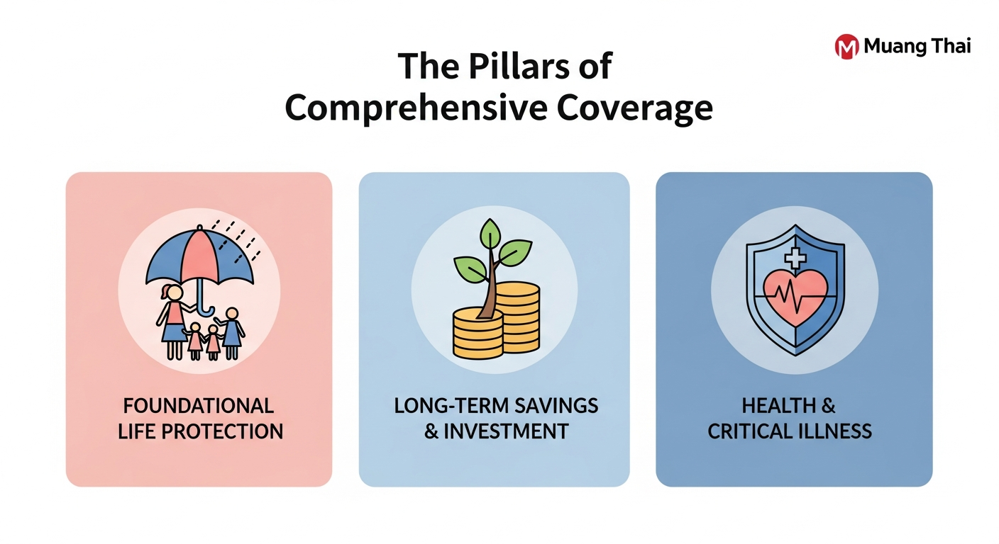 An infographic with three panels illustrating the core types of insurance: Foundational Protection (family under umbrella), Savings & Investment (plant growing from coins), and Health Coverage (medical shield).