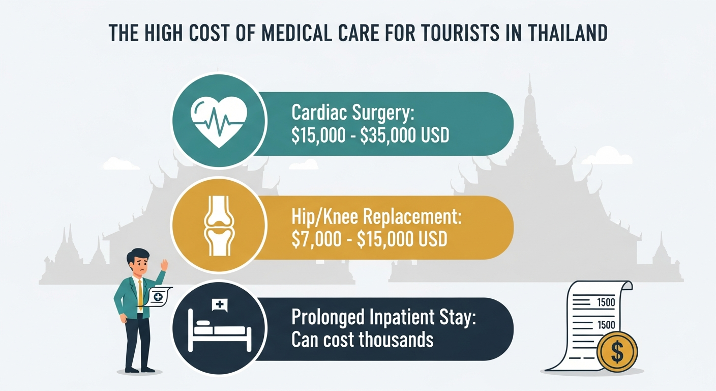 Infographic showing the high cost of medical procedures for tourists in Thailand. It lists Cardiac Surgery at $15,000-$35,000, Hip/Knee Replacement at $7,000-$15,000, and Inpatient Stays costing thousands of dollars, each with a corresponding icon.