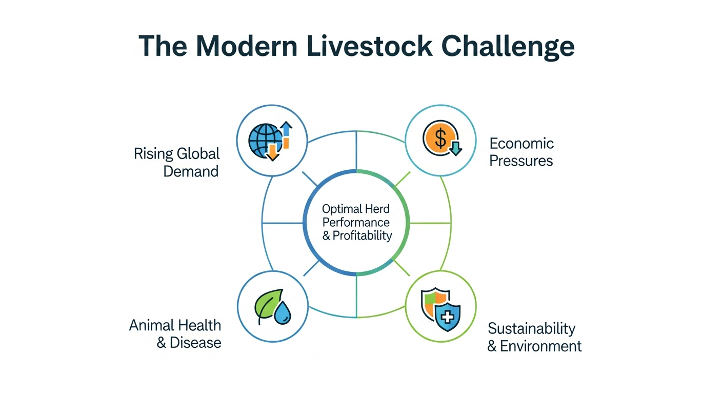A diagram illustrating the four key interconnected challenges in modern livestock farming: rising global demand, economic pressures, sustainability, and animal health, all impacting herd performance and profitability.