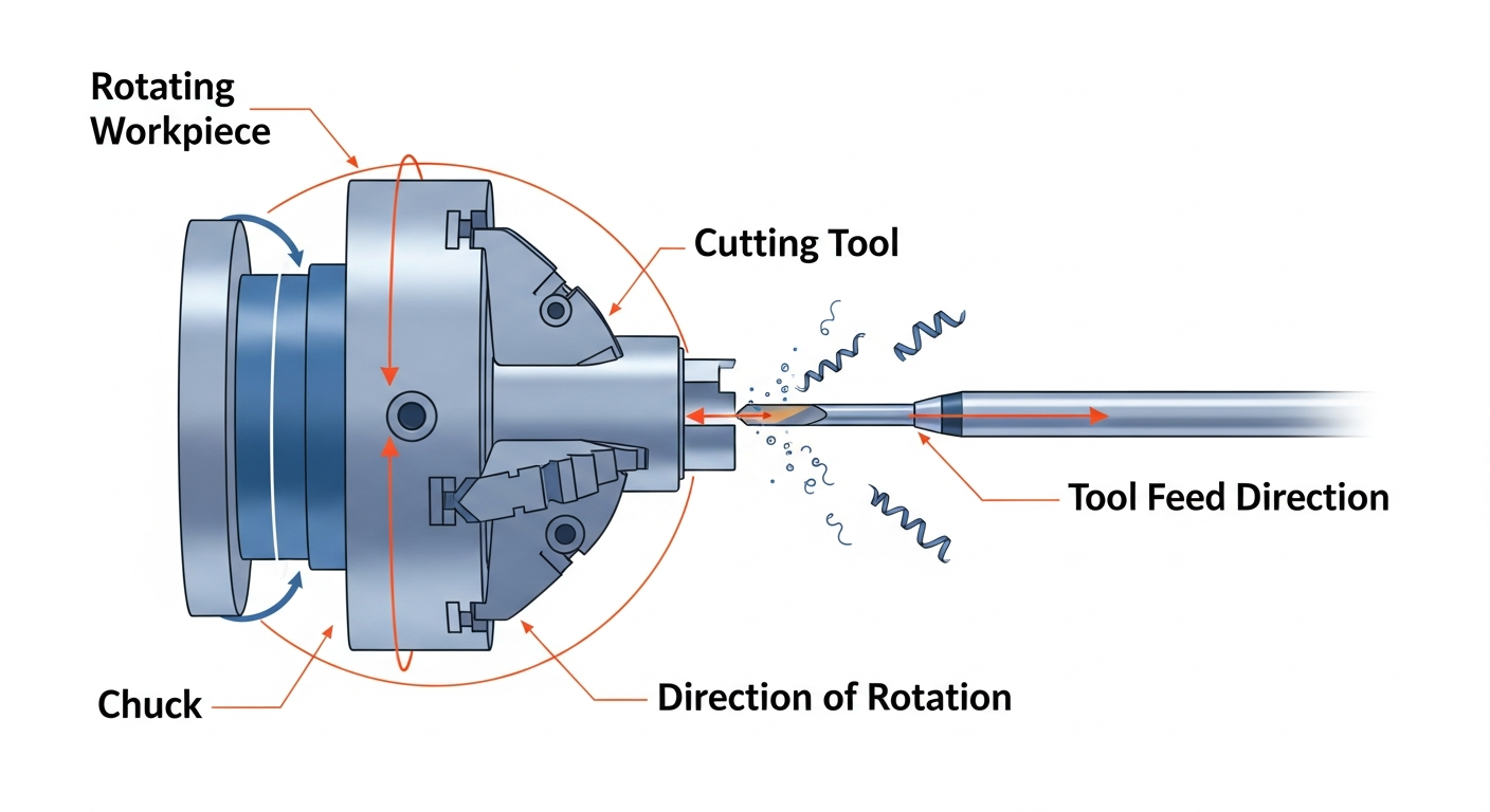 A diagram illustrating the basic working principle of a lathe. It shows a cylindrical metal workpiece rotating while held by a chuck. A sharp cutting tool is pressed against the workpiece, moving along its length and shaving off a thin layer of material.