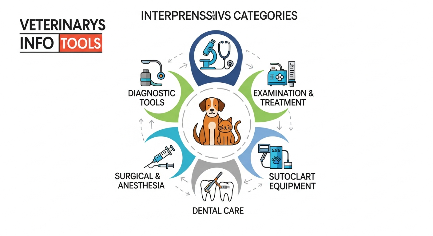 Diagram showing the five main categories of veterinary equipment covered in this guide: Diagnostic Tools, Examination & Treatment, Surgical & Anesthesia, Dental Care, and Support Equipment, arranged in a cycle around a central icon of a pet.