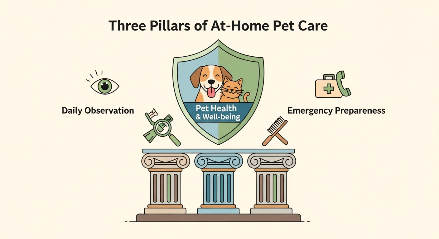 A diagram showing the three pillars of at-home pet care: Daily Observation, Preventative Care, and Emergency Preparedness. The pillars support a central shield that protects a dog and cat.