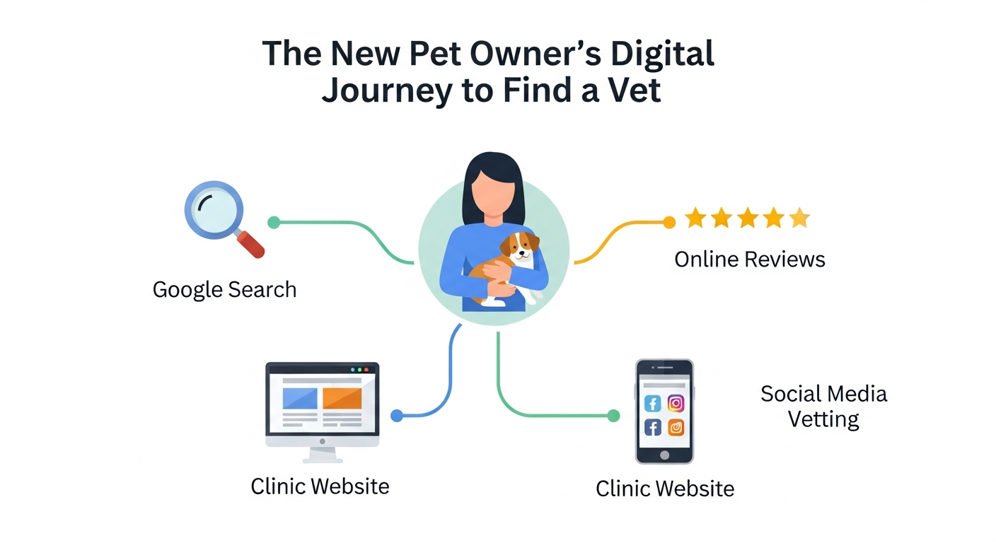 Infographic showing the digital research journey of a new pet owner. It starts with a person and a pet, branching out to icons for Google search, online reviews, clinic websites, and social media, illustrating the key online touchpoints.
