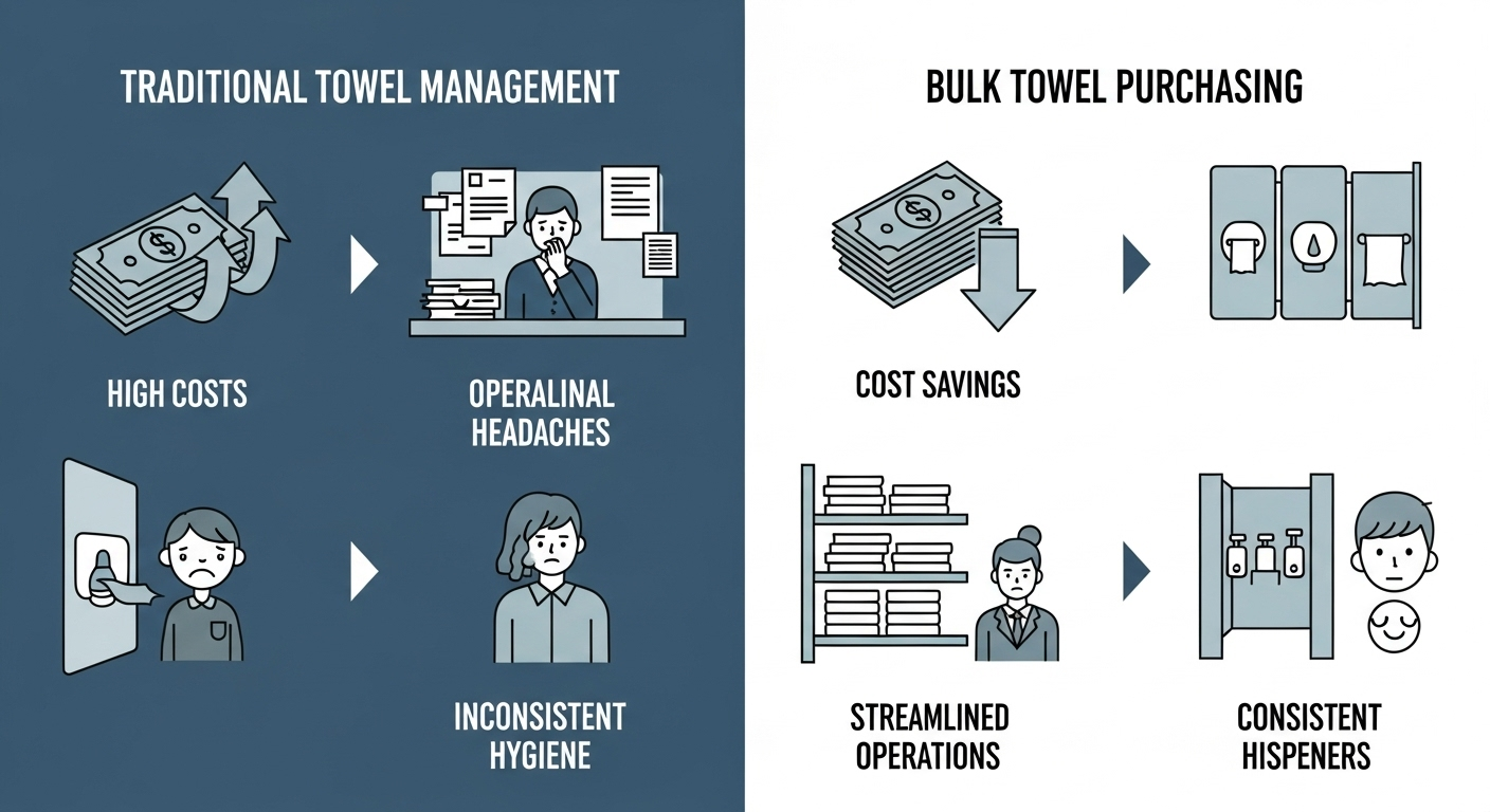 Infographic comparing the disadvantages of traditional piecemeal towel management with the advantages of bulk towel purchasing for schools. Traditional management is shown to have high costs, operational headaches, and inconsistent hygiene, while bulk purchasing offers cost savings, streamlined operations, and consistent hygiene.