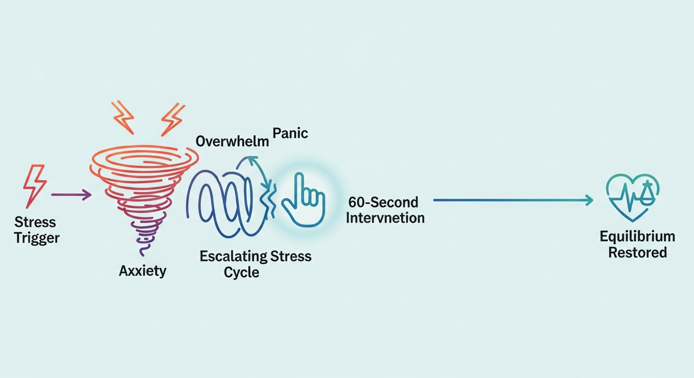 Diagram showing how a 60-second intervention acts as a circuit breaker. A stress trigger leads to an escalating spiral of anxiety, which is interrupted by the intervention, resulting in a calm state of equilibrium.