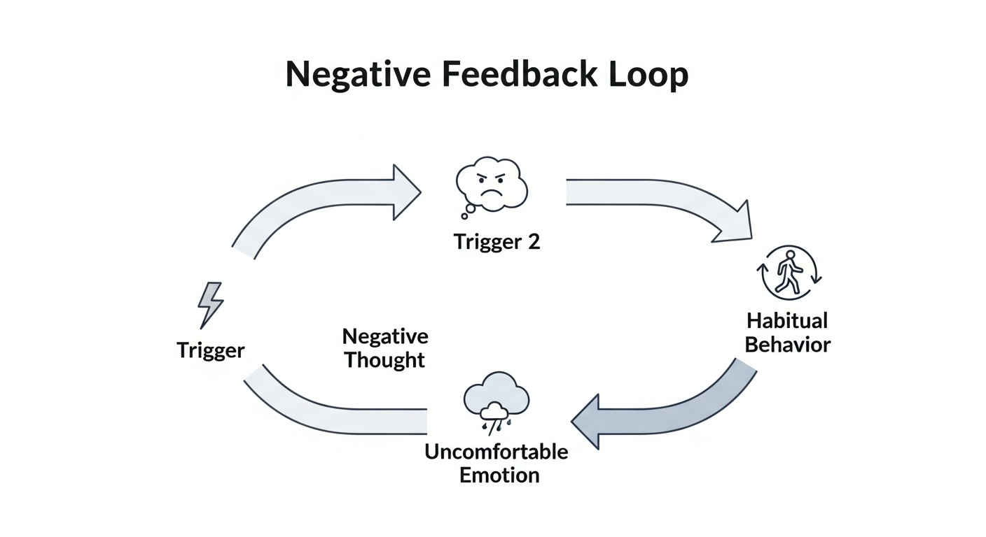 A circular diagram illustrating the four stages of a negative pattern: 1. A trigger occurs, 2. It leads to a negative thought, 3. This causes an uncomfortable emotion, 4. Which results in a habitual behavior, reinforcing the cycle.