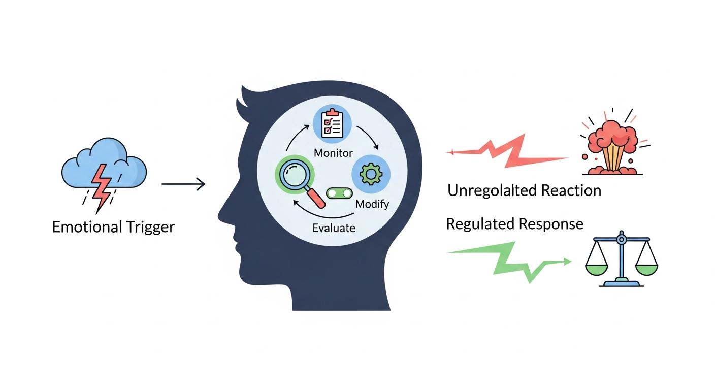 A diagram showing the emotional regulation process. An emotional trigger leads to a brain that monitors, evaluates, and modifies the feeling, resulting in a regulated response instead of an unregulated reaction.