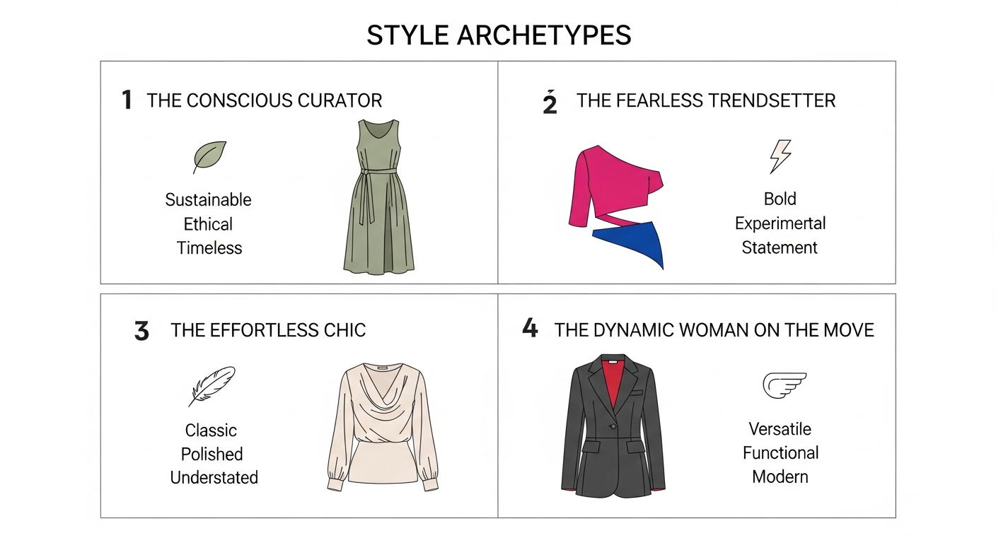 An infographic illustrating four style archetypes for women's fashion. Each quadrant shows a title, icon, and keywords: The Conscious Curator (sustainable, ethical), The Fearless Trendsetter (bold, experimental), The Effortless Chic (classic, polished), and The Dynamic Woman on the Move (versatile, functional).