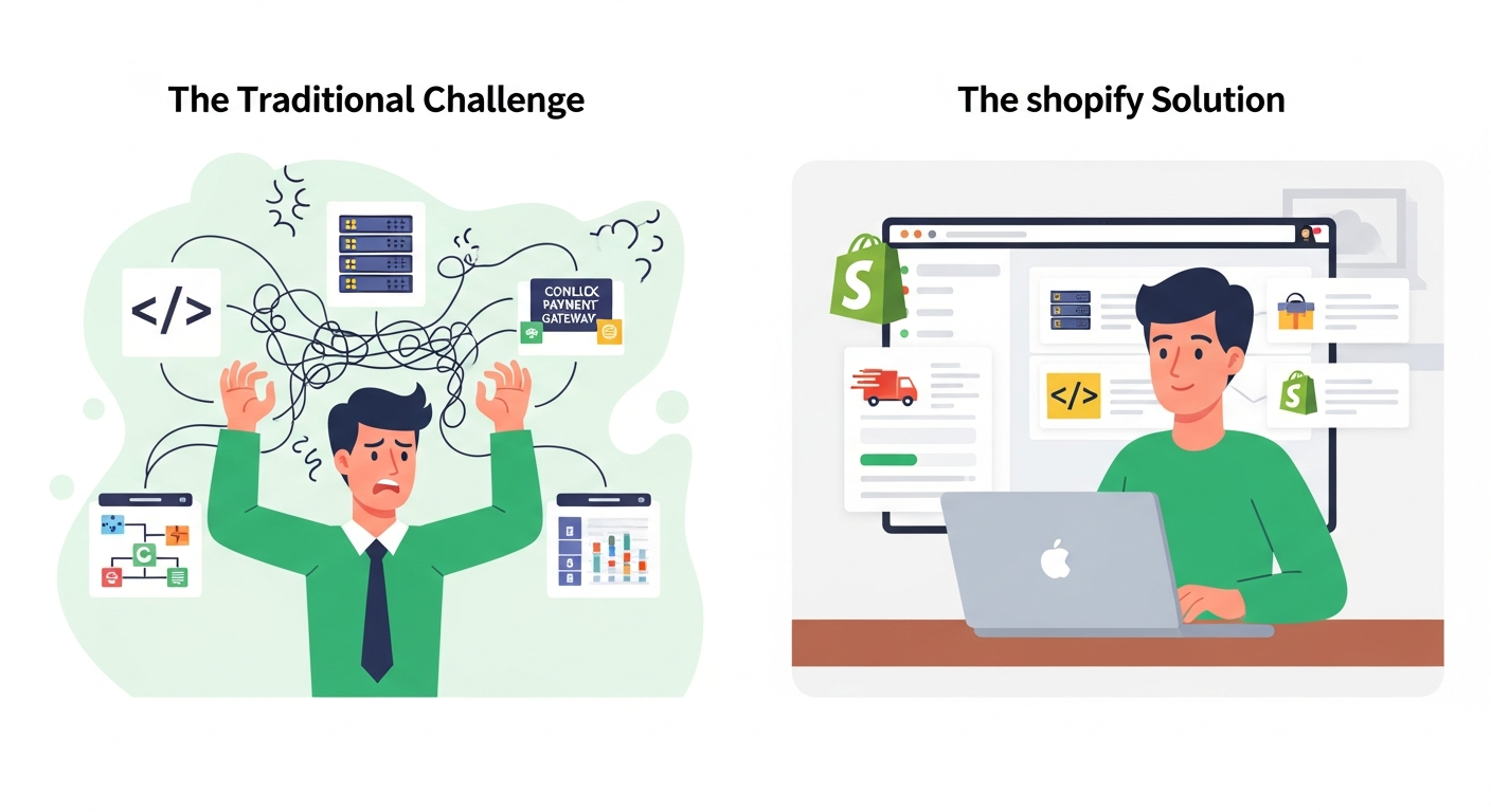 A two-panel diagram comparing e-commerce challenges. The left shows an entrepreneur stressed while juggling separate tasks like coding, servers, and payments. The right shows the entrepreneur calmly managing all tasks within a single, unified Shopify dashboard.