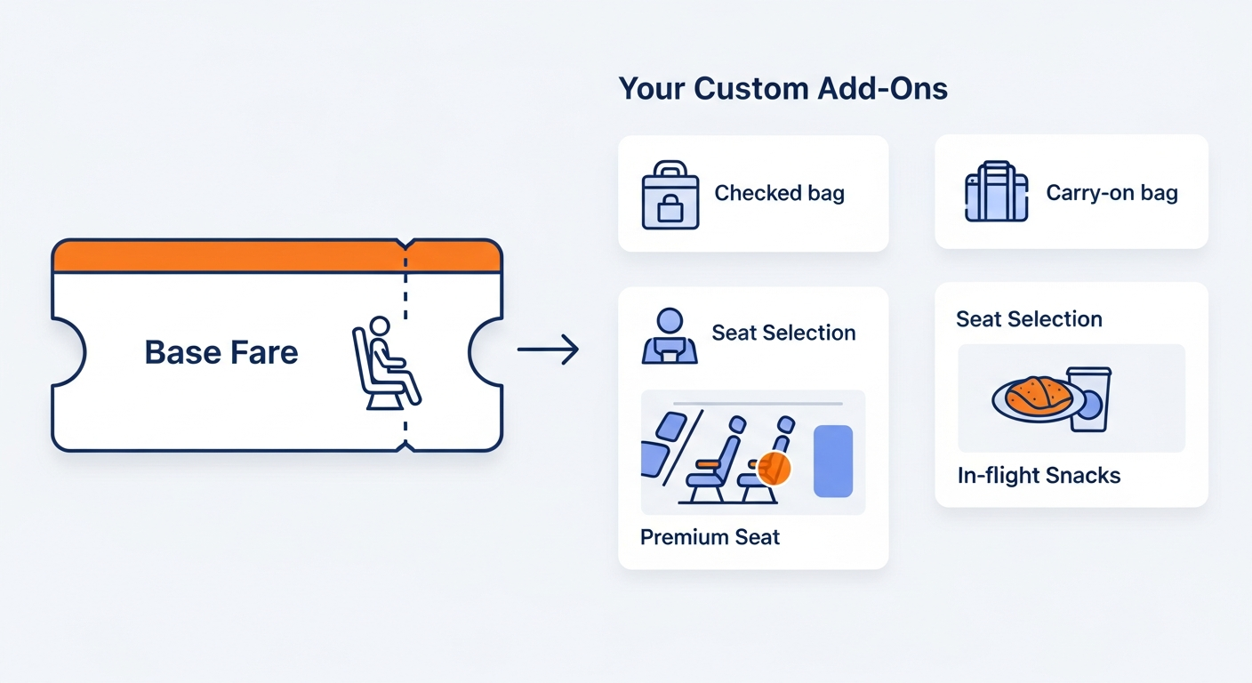 Sun Country Airlines booking process showing base fare with optional add ons like baggage seat selection and in flight snacks
