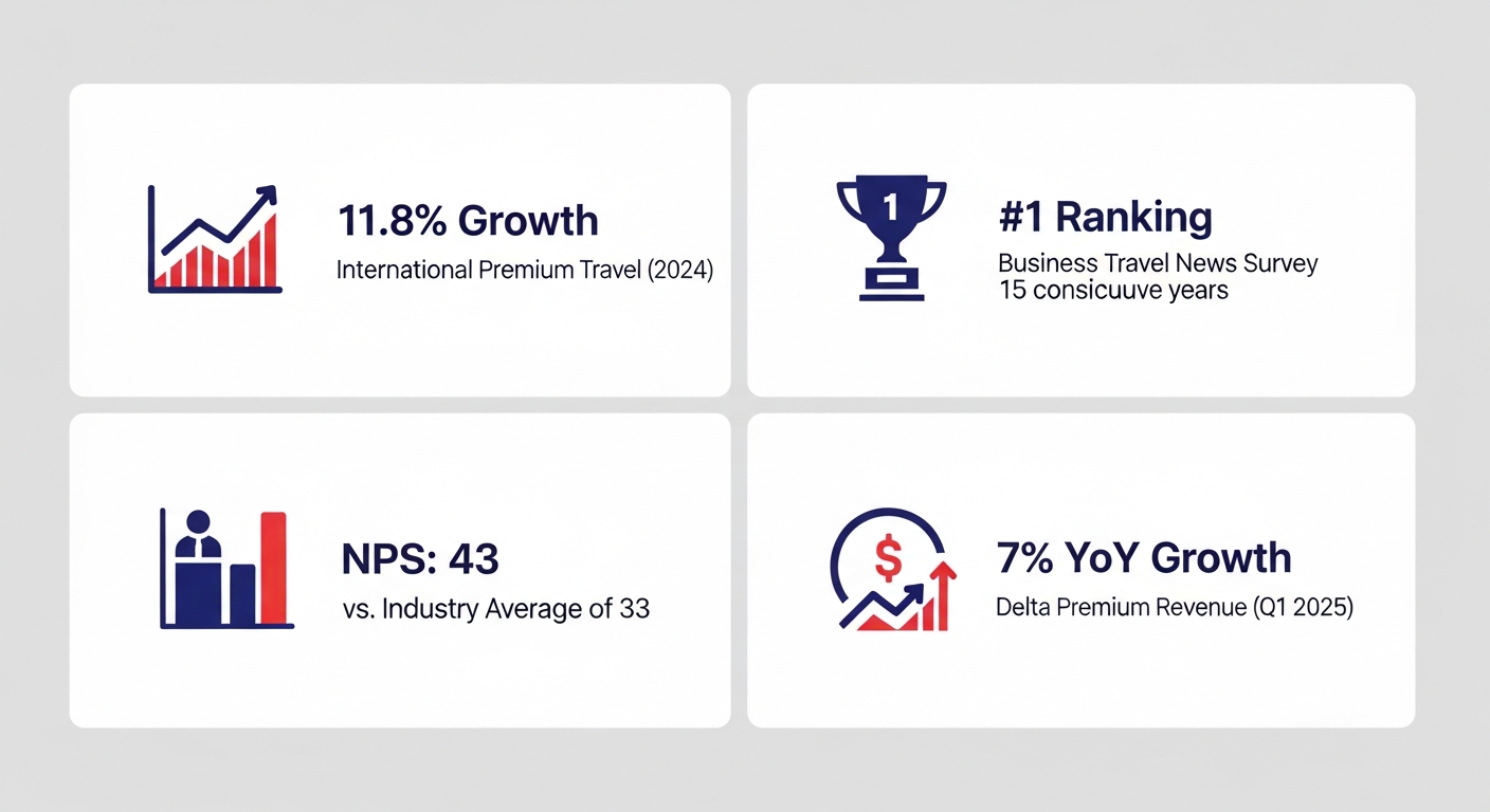 Delta international travel growth, premium revenue increase, and top ranking statistics