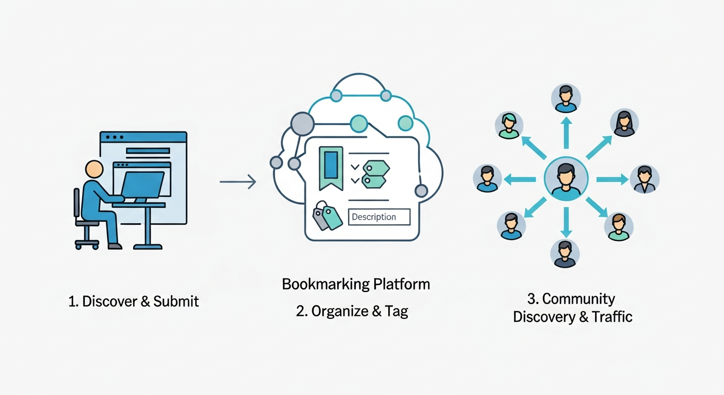 A 3-step process diagram explaining social bookmarking. Step 1 shows a user submitting content. Step 2 shows the content being tagged on a platform. Step 3 shows the content being discovered by the community.