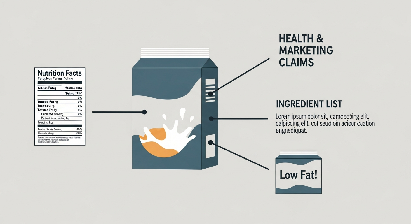 A diagram of a generic food package highlighting the three key areas to analyze: the Nutrition Facts panel, the ingredient list, and the health and marketing claims on the front.