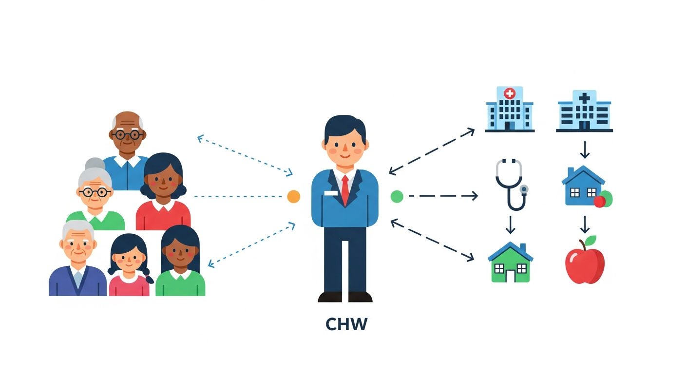 Diagram showing the central role of a Community Health Worker. A CHW figure is in the middle, connecting a group of diverse community members on the left to various health and social service icons on the right, including a hospital, housing, and nutrition.