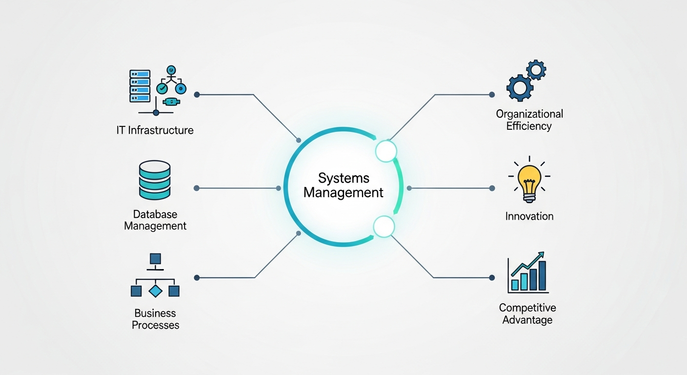 A diagram showing Systems Management as a central hub. On the left, it connects to IT Infrastructure, Databases, and Processes. On the right, it leads to outcomes like Efficiency, Innovation, and Competitive Advantage.
