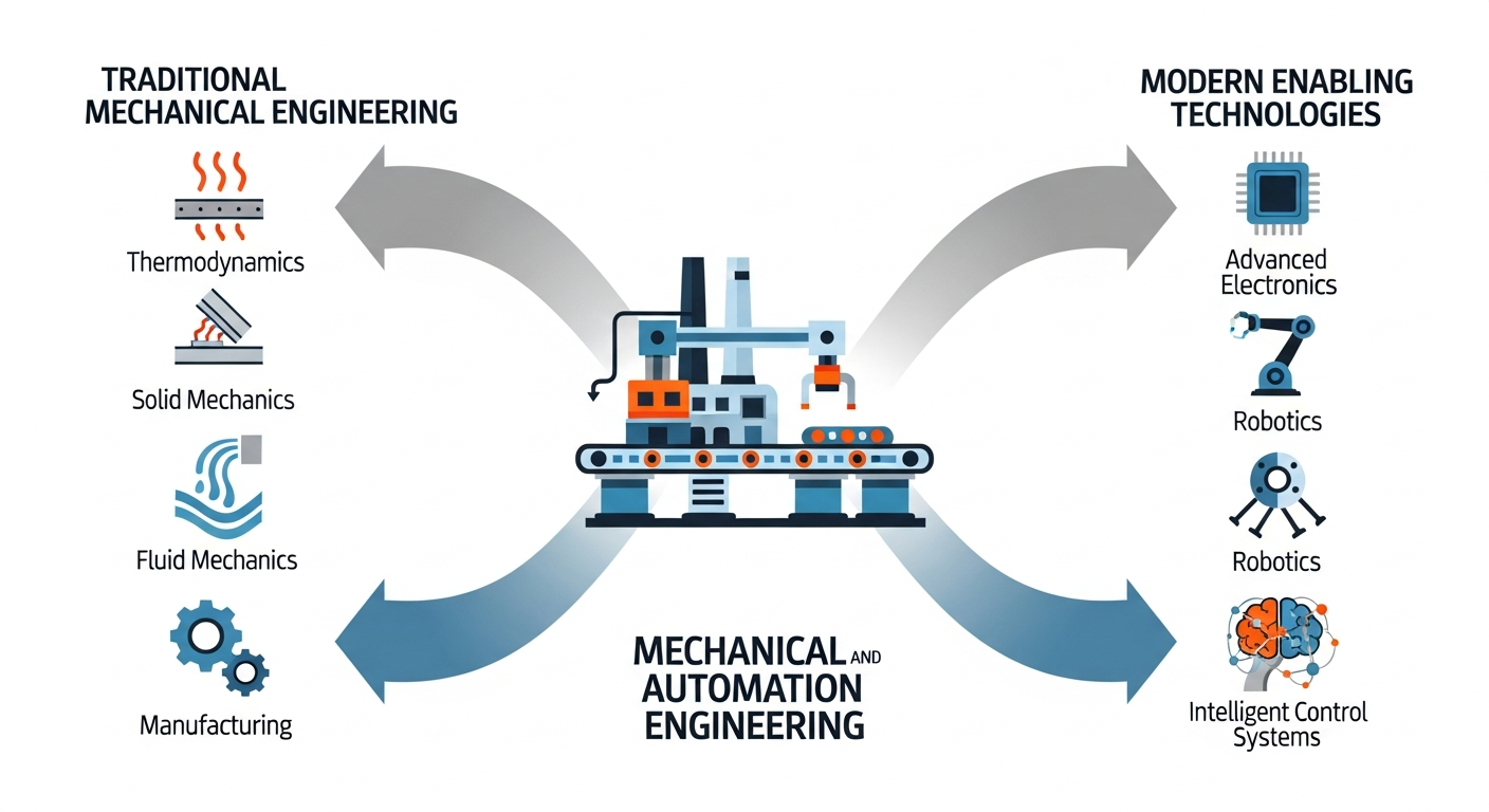 A diagram showing the convergence of engineering disciplines. On the left, traditional mechanical engineering principles like thermodynamics and solid mechanics are listed. On the right, modern technologies like robotics and electronics are listed. Arrows from both sides point to a central image representing Mechanical and Automation Engineering.