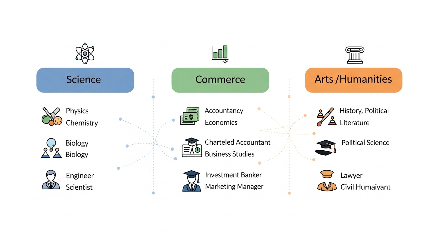 An infographic showing the three main academic streams in India: Science, Commerce, and Arts. Each stream is in its own column, listing core subjects like Physics and Biology for Science, Accountancy and Economics for Commerce, and History and Literature for Arts. Branching lines from each stream point to potential careers such as Doctor, Engineer, Chartered Accountant, and Lawyer.