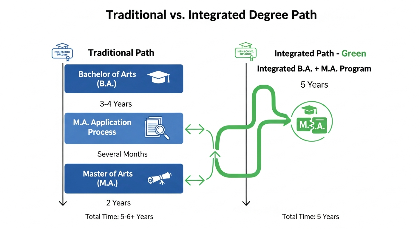 An infographic comparing the traditional academic path for a Master's degree with the integrated BA MA path. The traditional path shows separate stages for a BA, an MA application process, and an MA, taking 5-6+ years. The integrated path shows a single, continuous 5-year program, highlighting its efficiency.