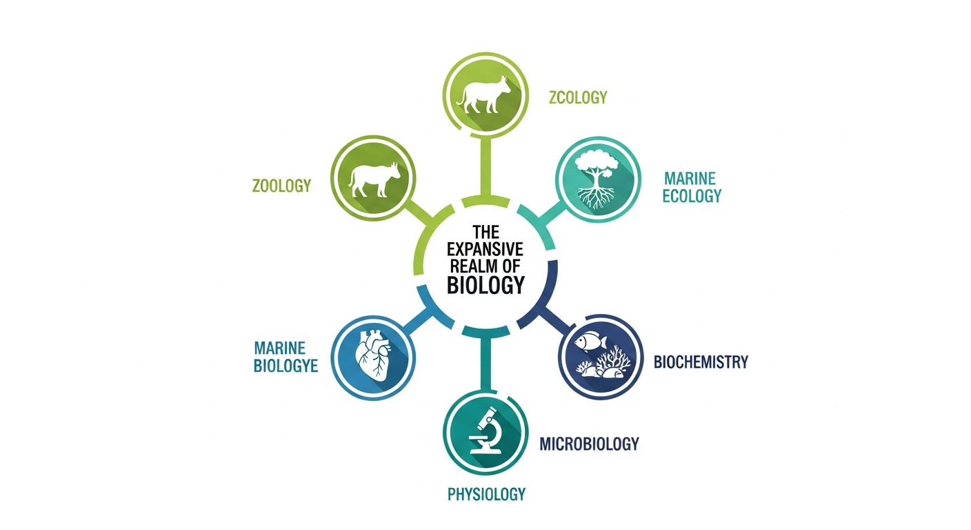 An infographic showing the main sub-disciplines of biology. A central circle says 'The Expansive Realm of Biology' with lines branching out to six other circles, each representing a field: Zoology (animal icon), Ecology (tree icon), Marine Biology (fish icon), Physiology (heart icon), Microbiology (microscope icon), and Biochemistry (DNA icon).