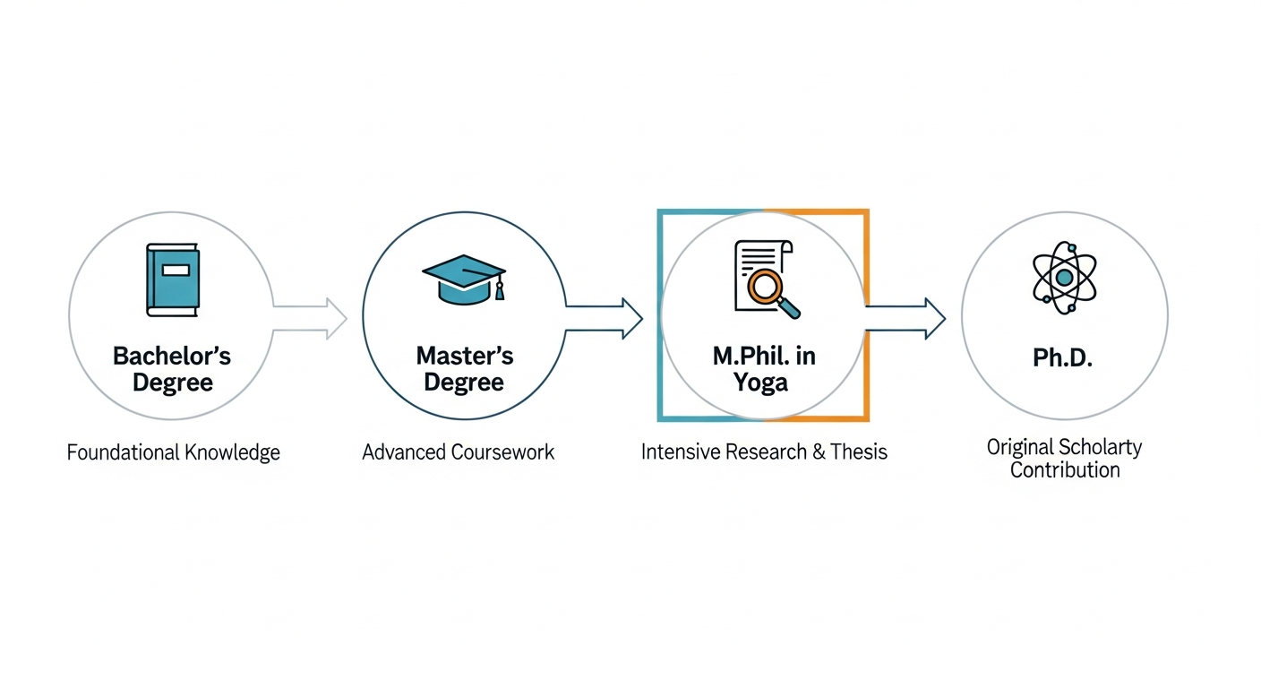 A diagram illustrating the academic pathway for yoga studies, showing the progression from Bachelor's to Master's, then to the M.Phil., which is highlighted as a research-focused bridge, and finally to a Ph.D.