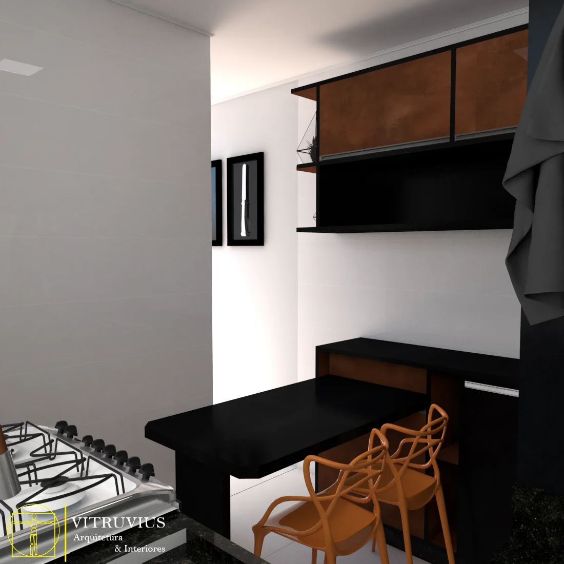 Projeto de cozinha em tons de preto feito pelas arquitetas Thalita Tasso e Adrielle Camila, da Vitruvius Arquitetura & Interiores, de Maringá.