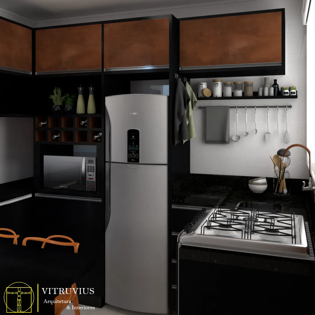 Projeto de cozinha em tons de preto feito pelas arquitetas Thalita Tasso e Adrielle Camila, da Vitruvius Arquitetura & Interiores, de Maringá.