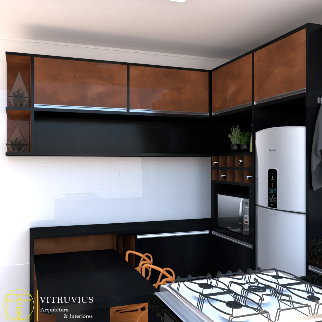Projeto de cozinha em tons de preto feito pelas arquitetas Thalita Tasso e Adrielle Camila, da Vitruvius Arquitetura & Interiores, de Maringá.