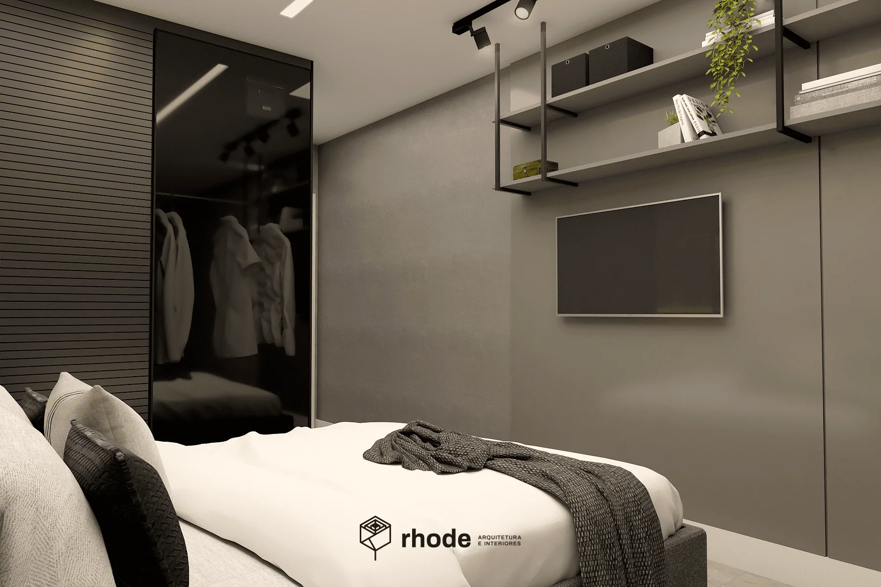 Quarto de casal com tons monocromáticos. Cama, guarda-roupa aberto mostrando roupas, parede cinza em frente à cama com televisão e prateleira. Projeto com estilo industrial.