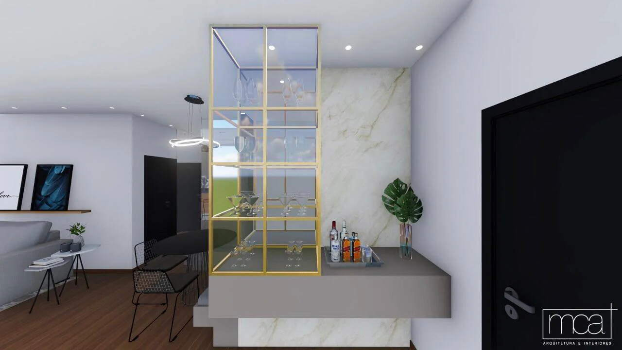 hall de entrada com cristaleira de vidro e metal dourado