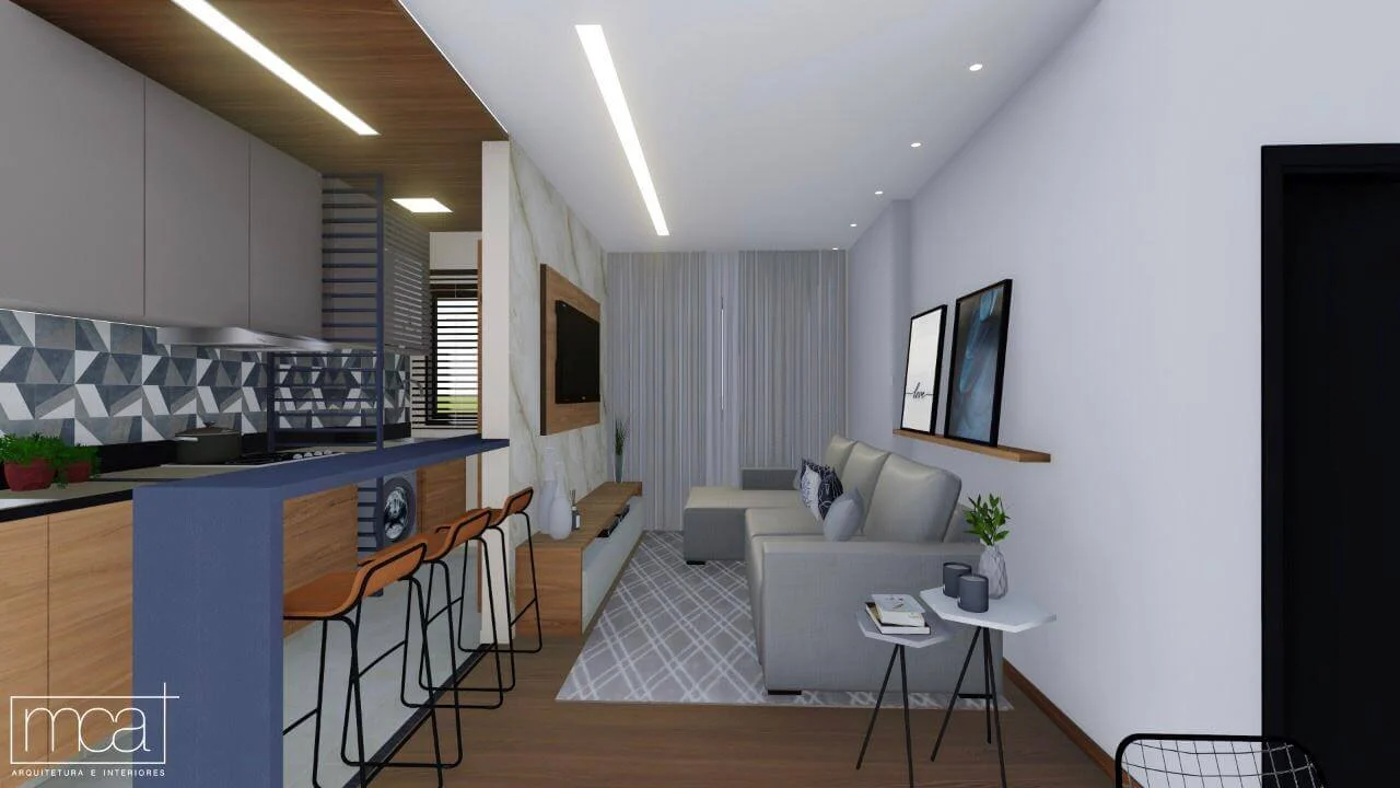 sala integrada a cozinha em apartamento de Maringá