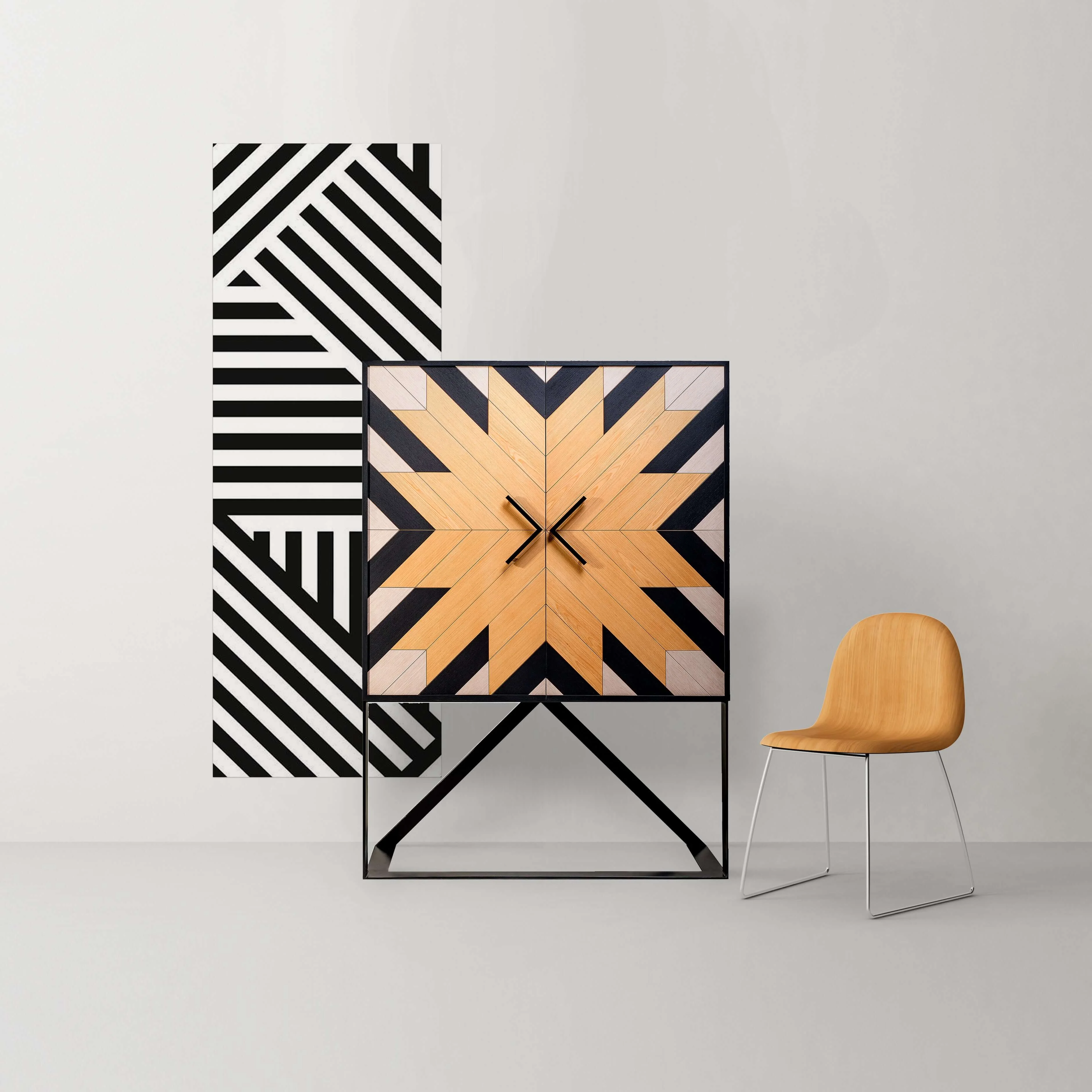 Armário Mahana tem as portas feitas em  marchetaria,  que é uma técnica de ornamentar super cies planas através da montagem e colagem de lâminas de madeira de cores diferentes