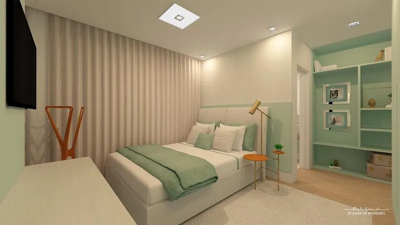 Quarto de hóspedes com tons verdes. 