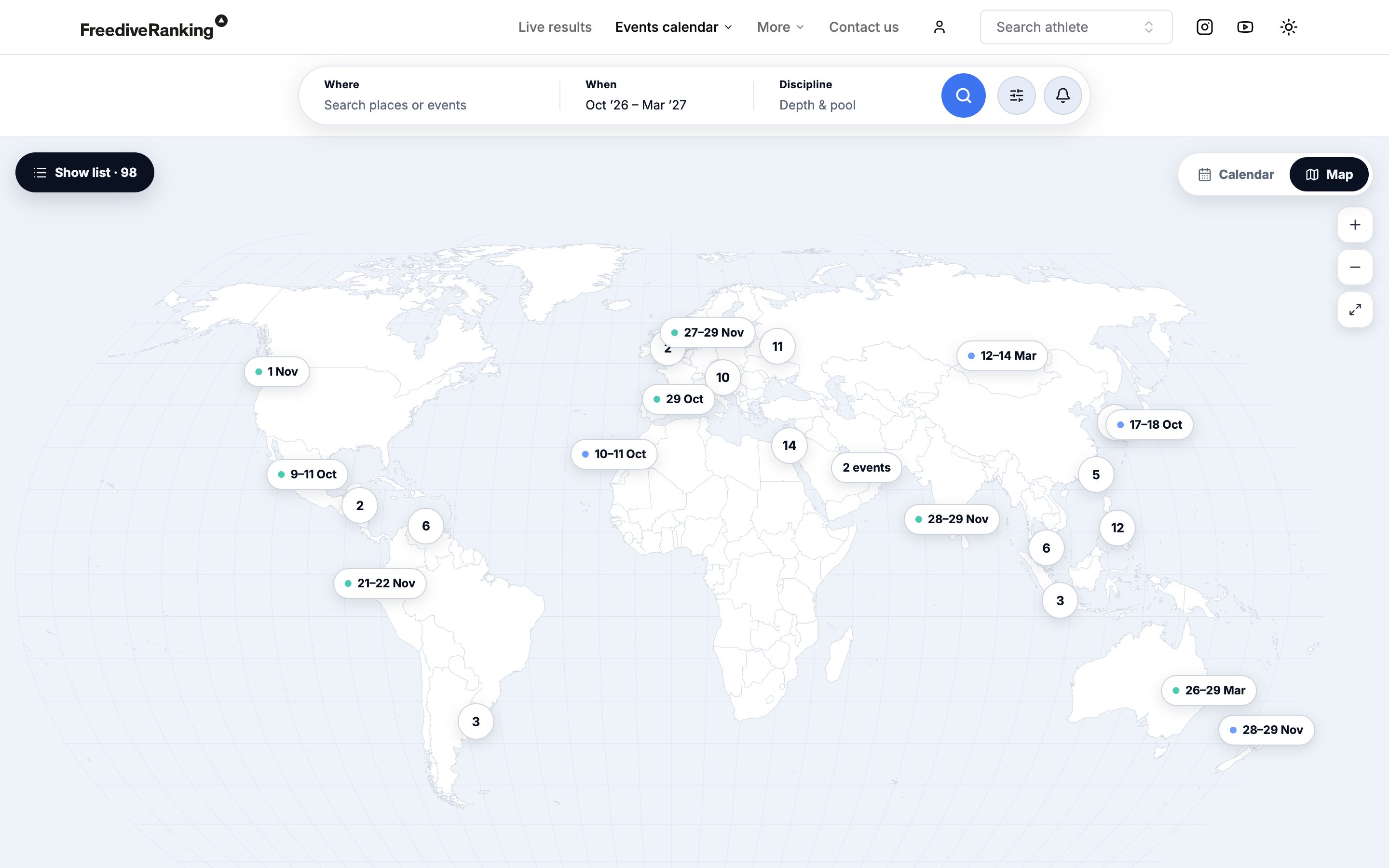 The FreediveRanking events map showing freediving competitions from October 2026 to March 2027 pinned around the world
