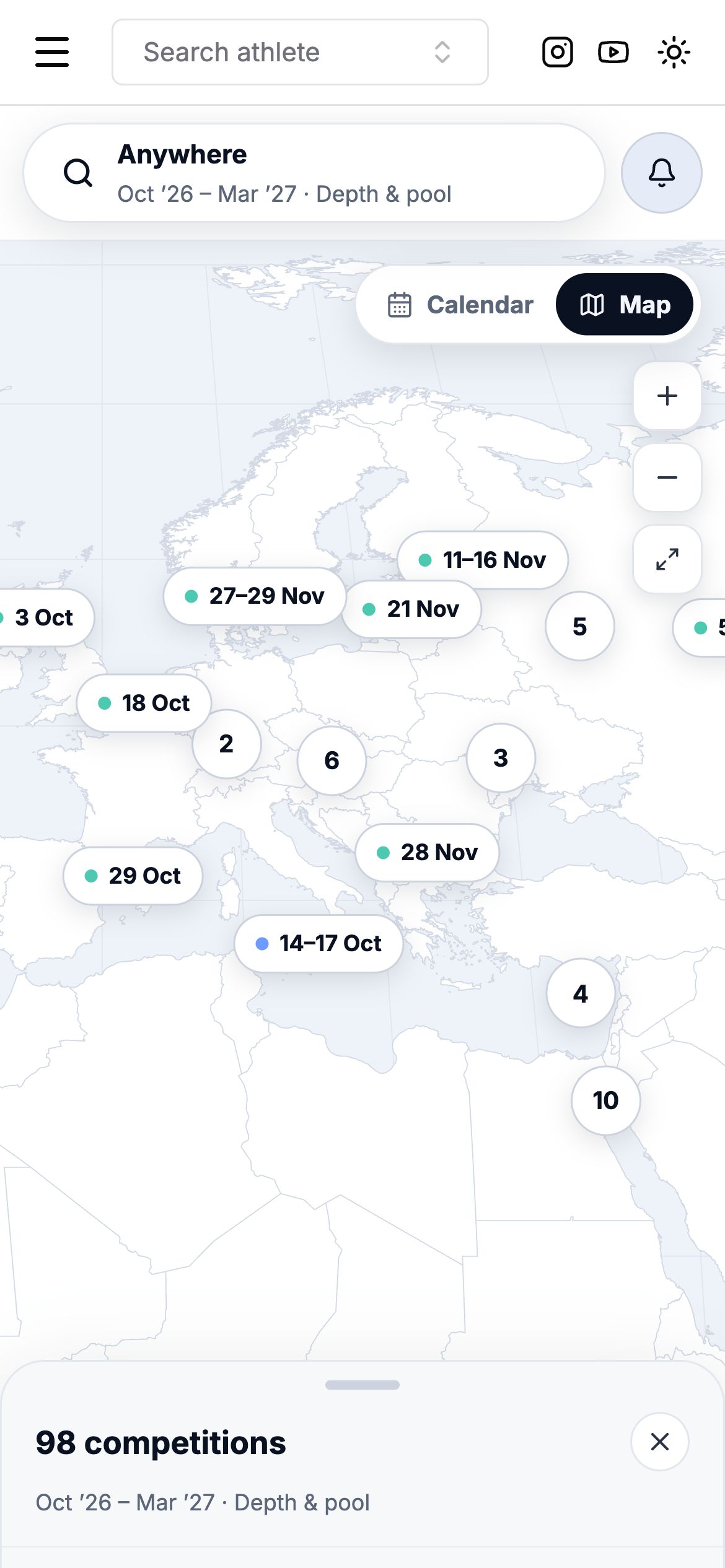The events map on a phone, zoomed in on Europe with competition dates pinned at their venues
