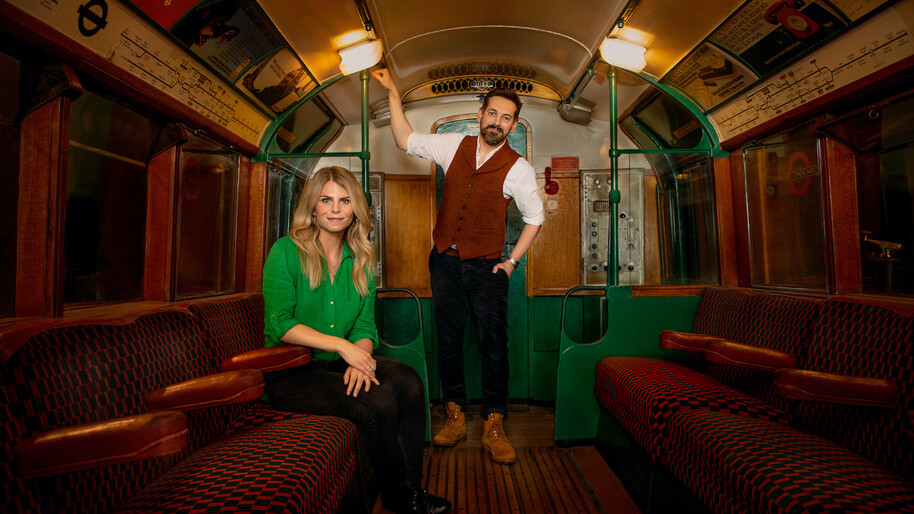 siddy holloway and tim dunn in a tube carriage in secrets of the london underground