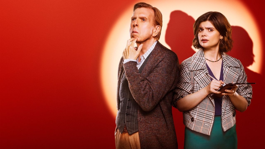 A man looking in thought and a women with a notepad stood against a red background