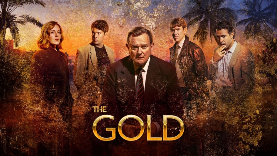 4 men and three women stood in a line with a grainy orange background the The Gold written on top