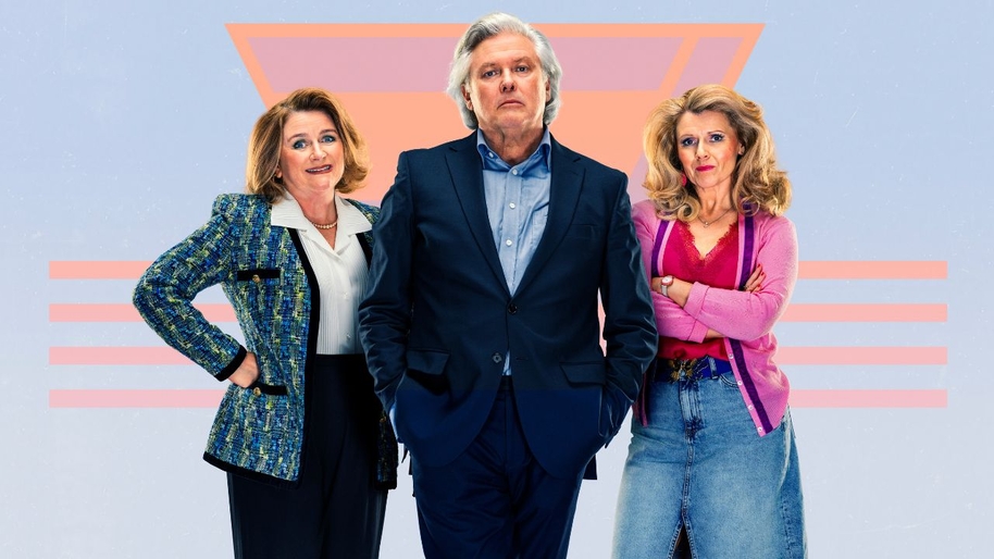 A man stood with a women either side of him in 90s clothing against a blue and orange background