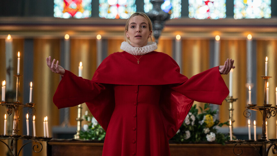 jodie comer in red religious clothing in killing eve