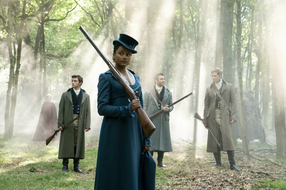 simone ashley and bridgerton cast in the woods