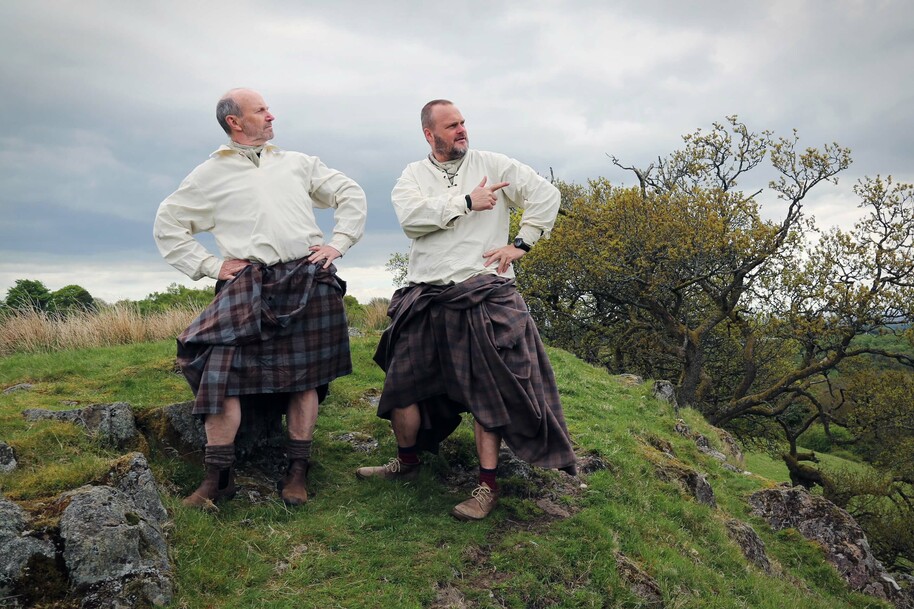 Al Murray and Fred MacAulay in kilts Scotland