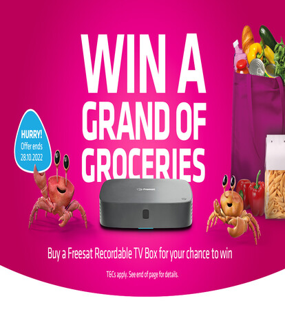 win a grand of groceries when you buy a freesat recordable 4k TV box for your chance to win